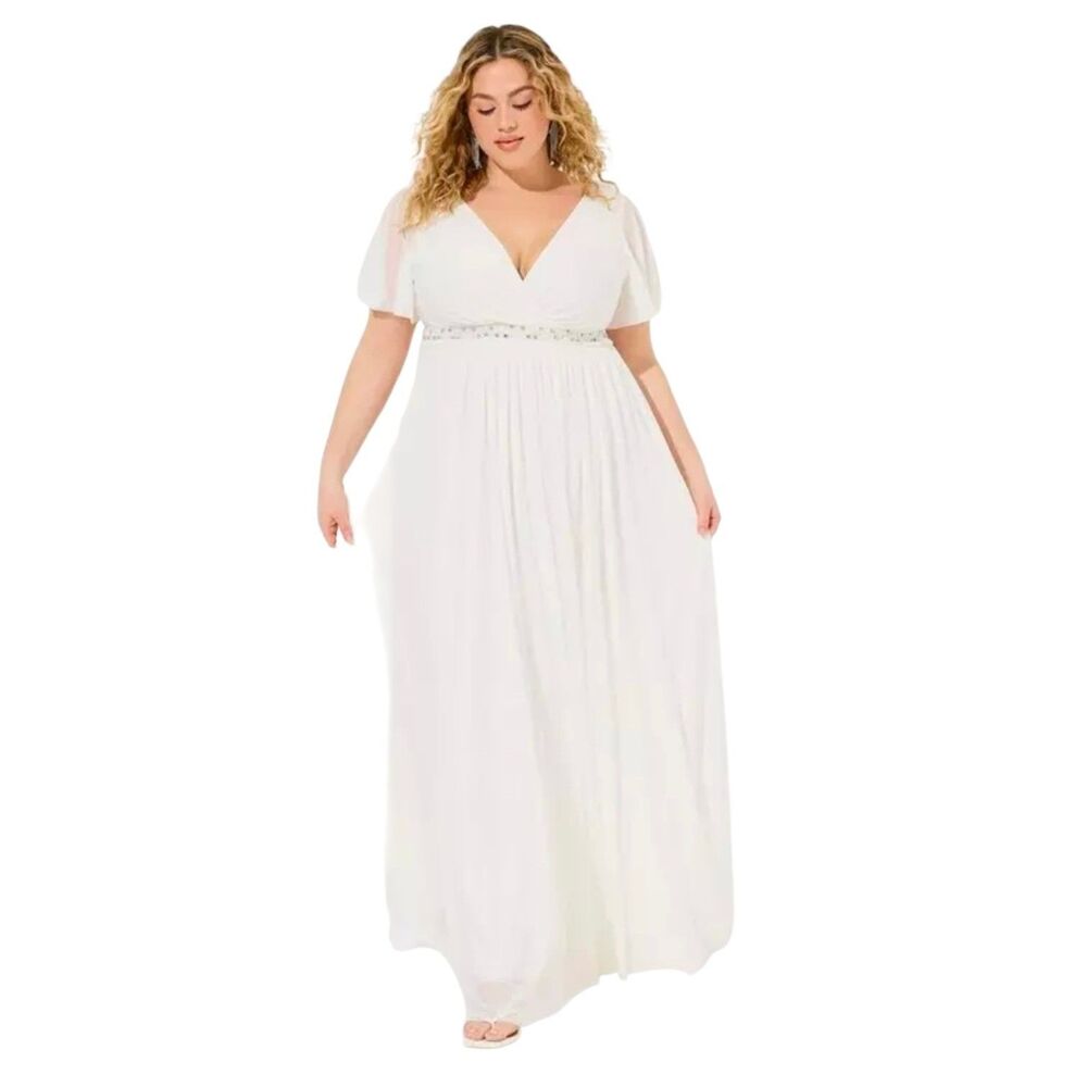 Torrid Ever After Bridal Maxi Mesh Empire Waist Gown, Cloud Dancer White, NWT 10
